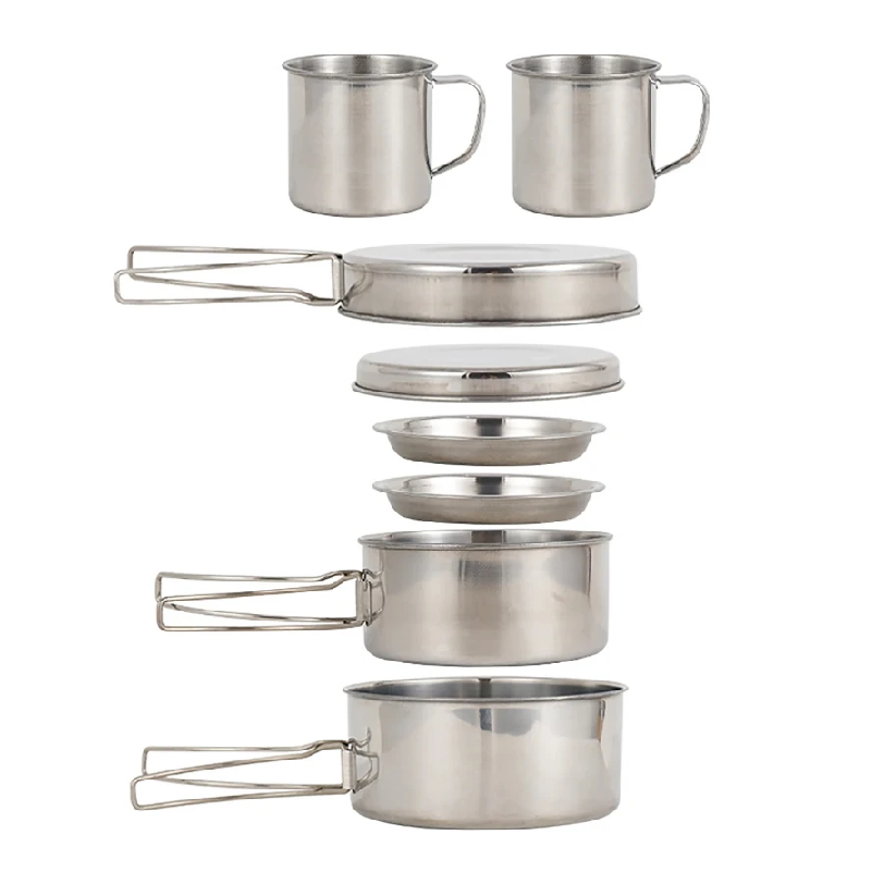 Camping Cooking Mess Kit - 8-częściowy zestaw naczyń kempingowych ze stali